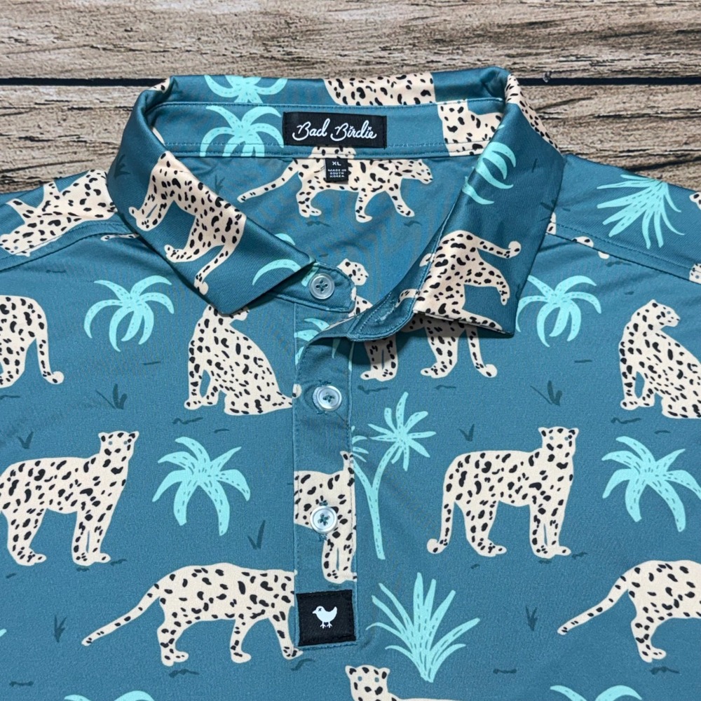 Bad Birdie Polo Shirt Mens XL Teal Leopard Palm Tree Golf Performance XL